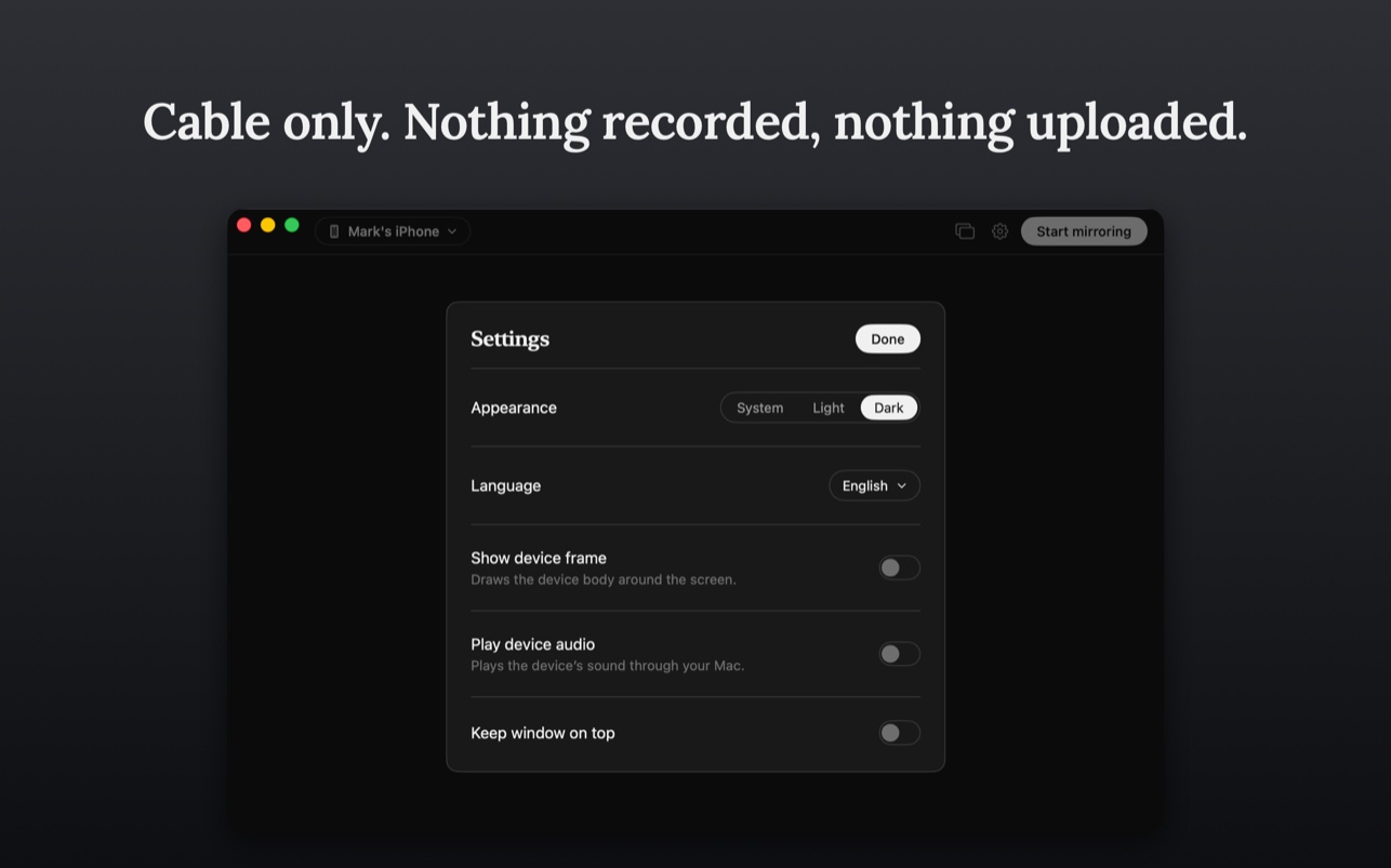DeckMirror settings: appearance, language, device frame, device audio and keep window on top