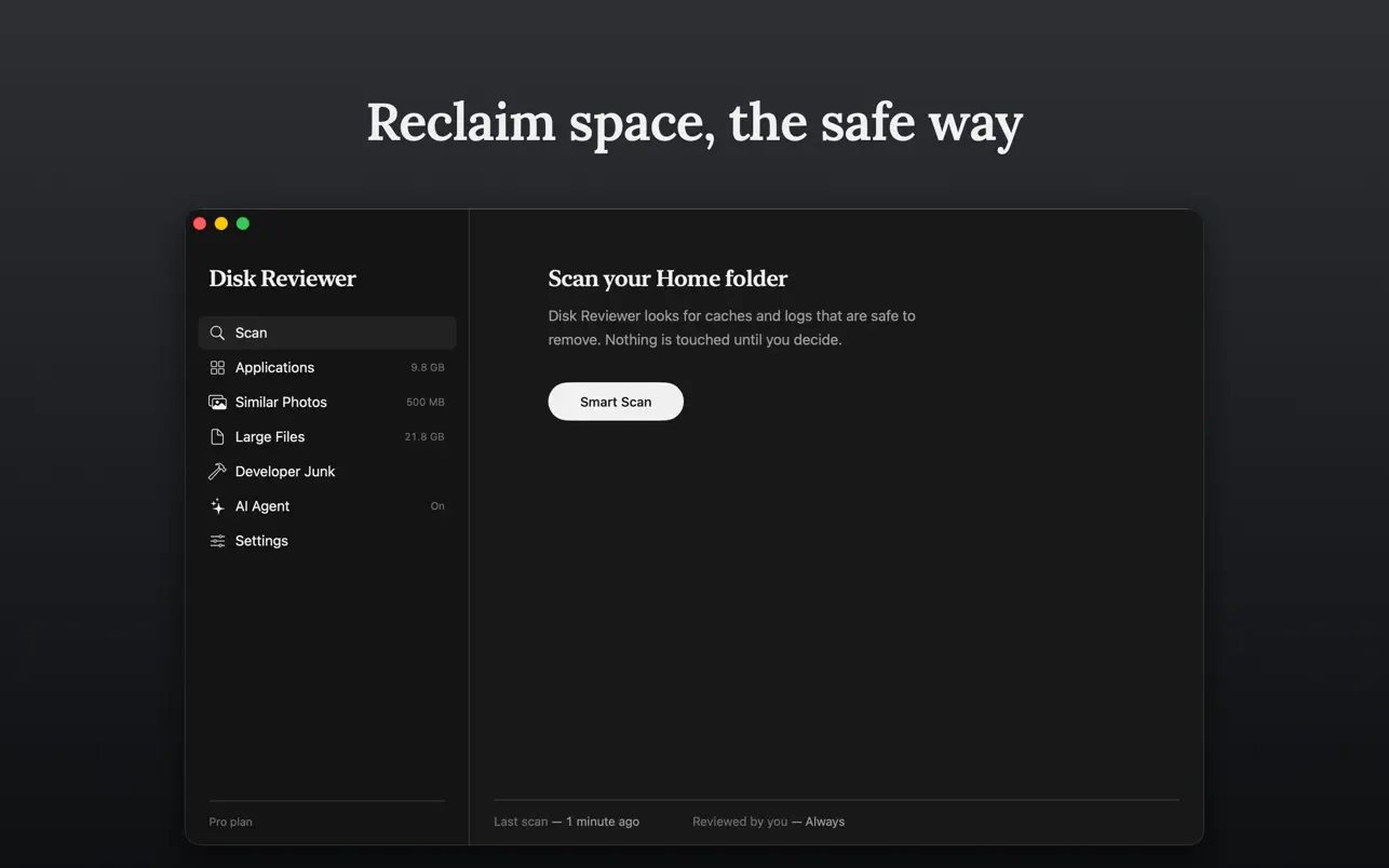 Disk Reviewer main window with Smart Scan ready to check the Home folder