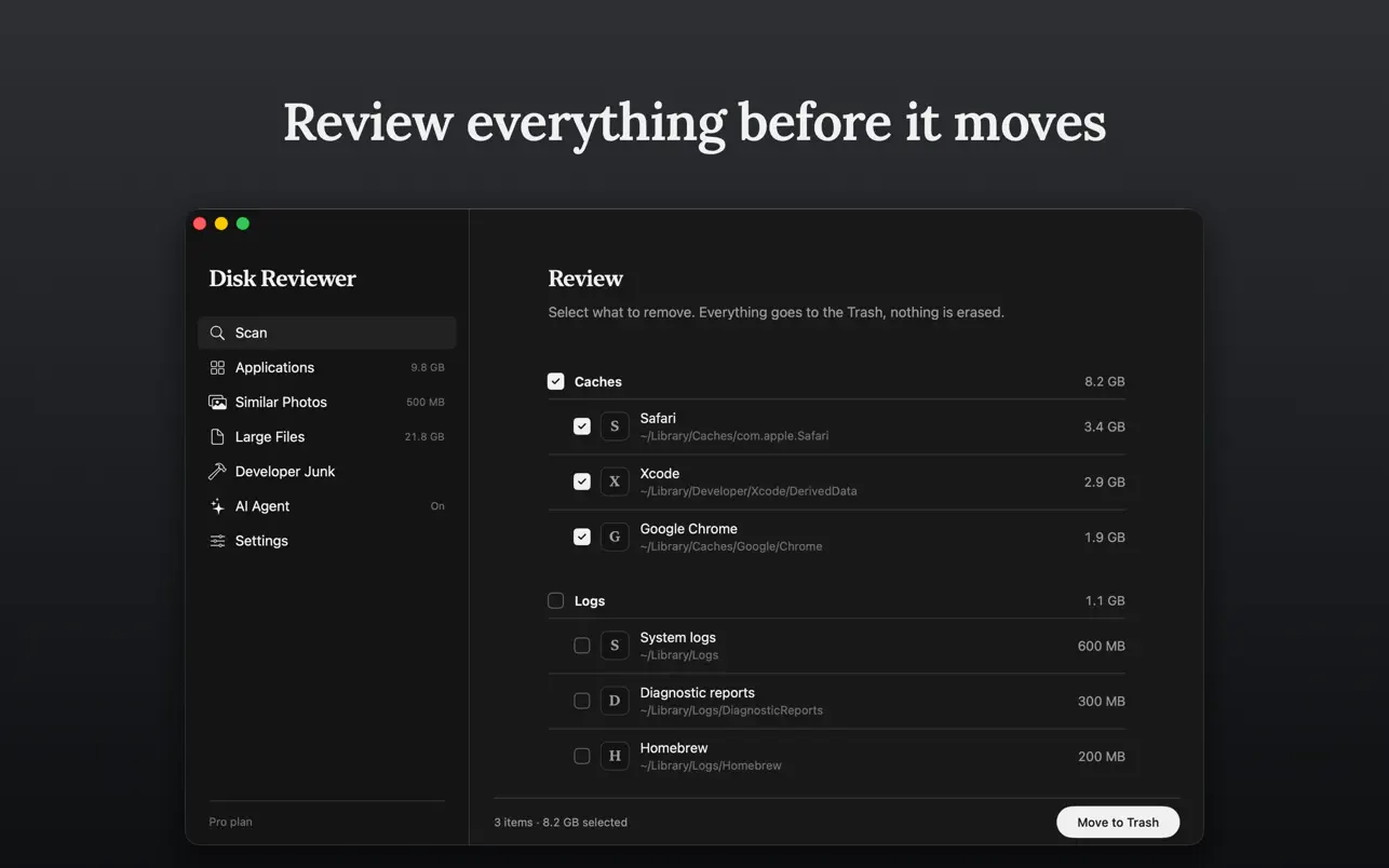 Review screen listing caches and logs with sizes, everything goes to the Trash