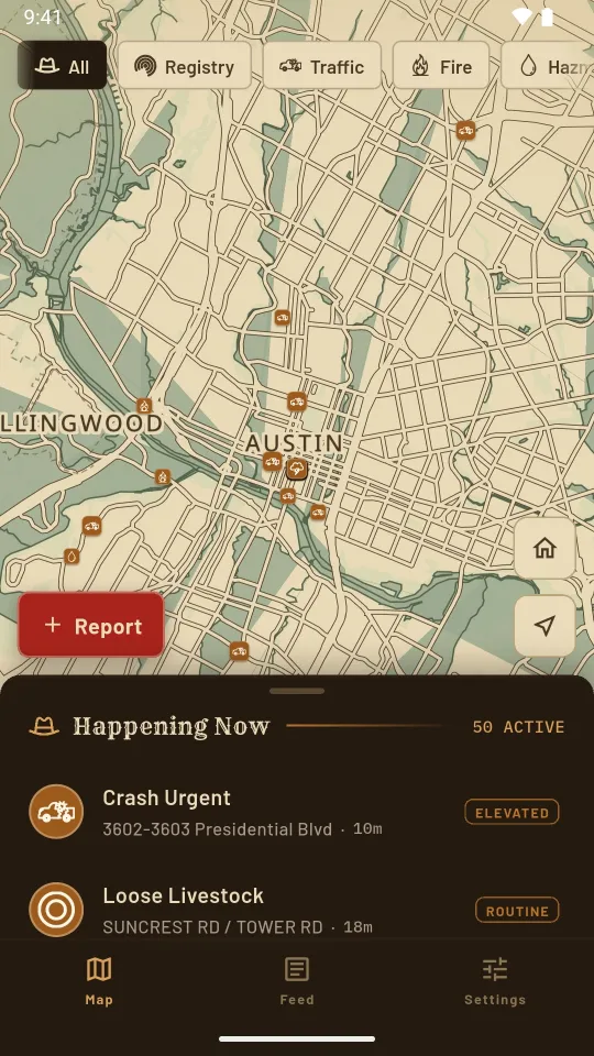 WTFAustin map of Austin with incident markers and the Happening Now list