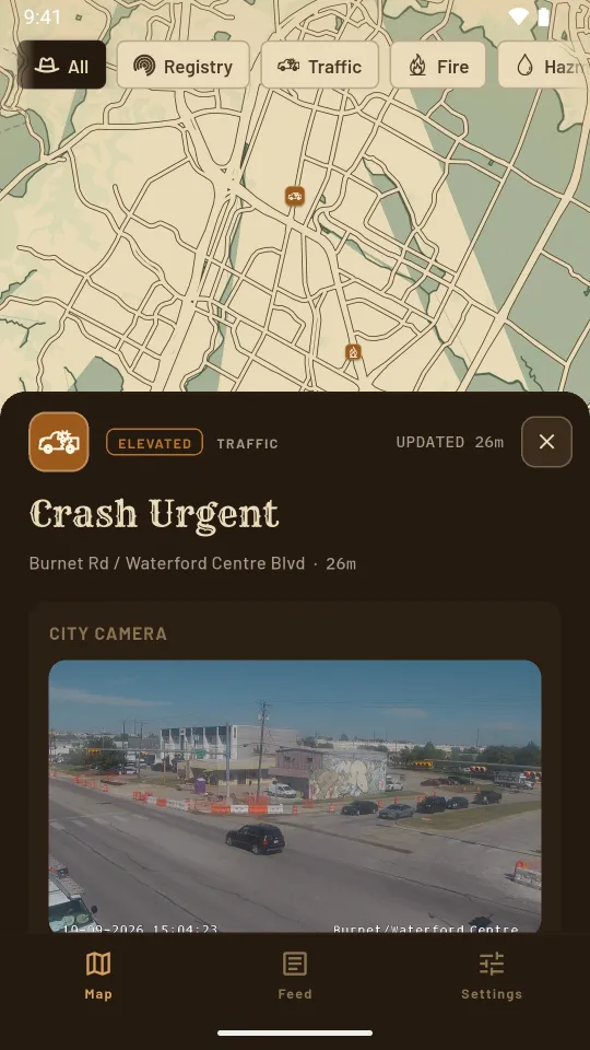 Incident card for a crash on Burnet Road with the nearest city camera frame