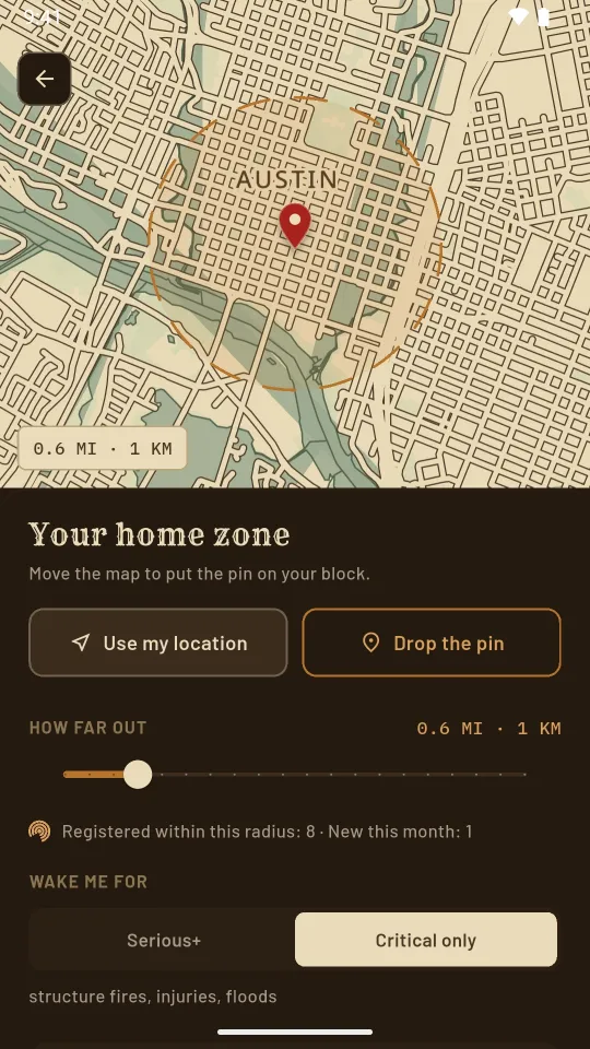 Home zone settings with radius and alert level